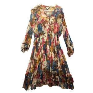 Sundance Women's Sz L Trieste Romance Chiffon Ruffled Long Sleeve Midi Dress NWT